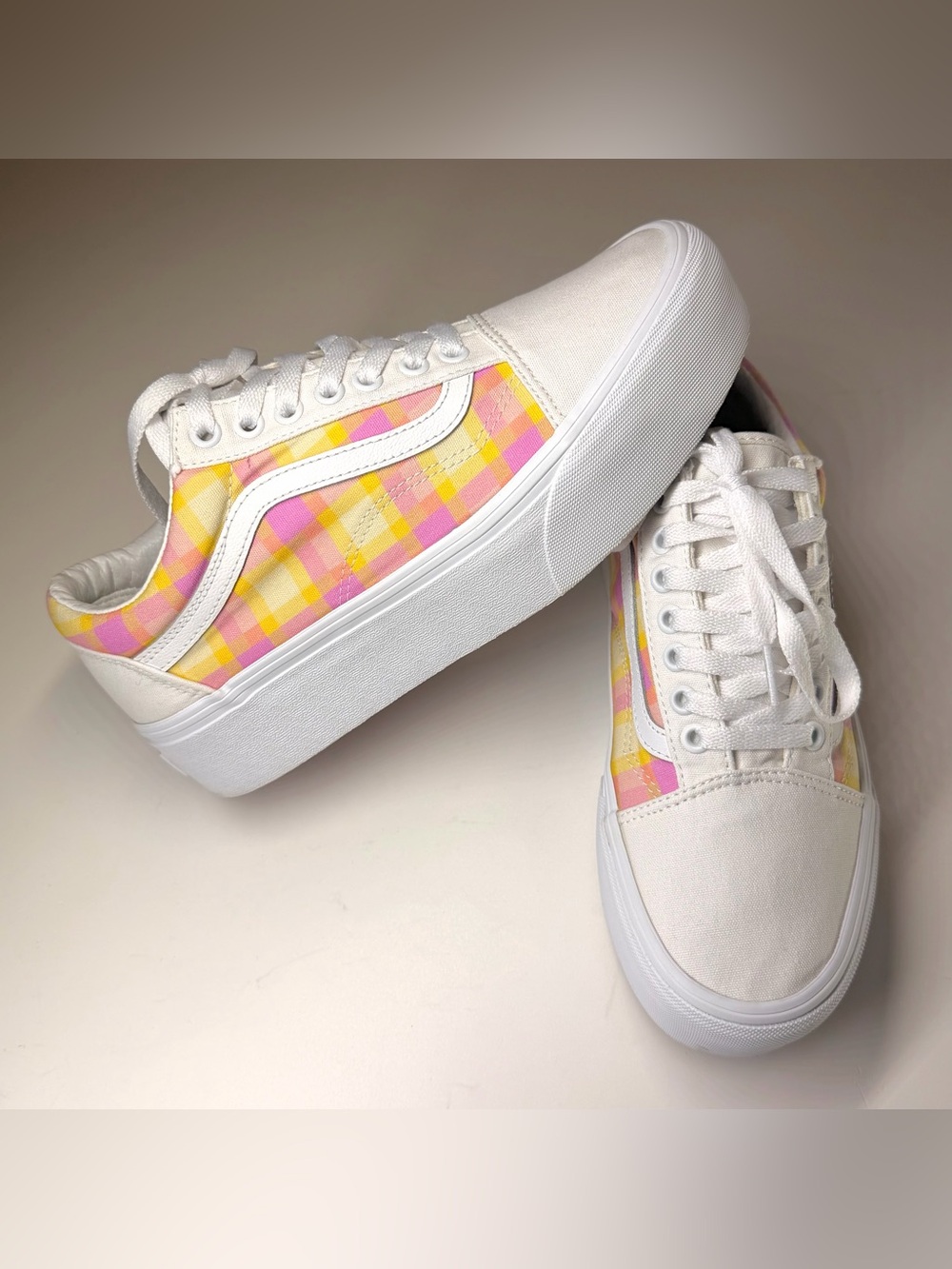Vans Women’s Old Skool Stackform Pastel Pink Plaid Platform sneakers Size- 9.5 - Picture 3 of 9